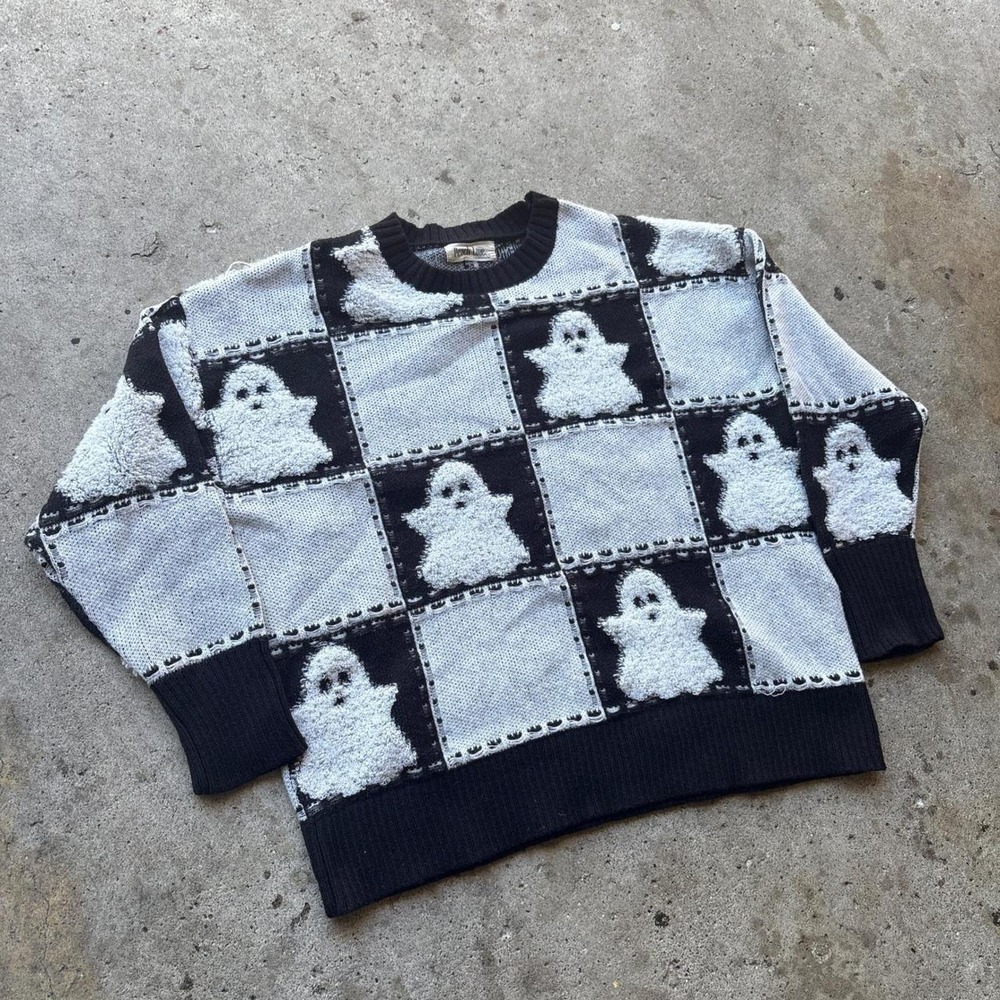 Peach Love California Ghost Checkerboard Knit Sweater Black White Small